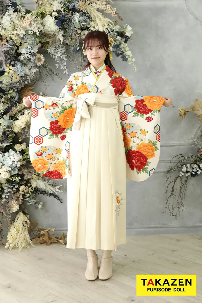 正統派古典 白/オレンジ/赤 牡丹柄 古風 教員袴 人気 大人っぽい【通販