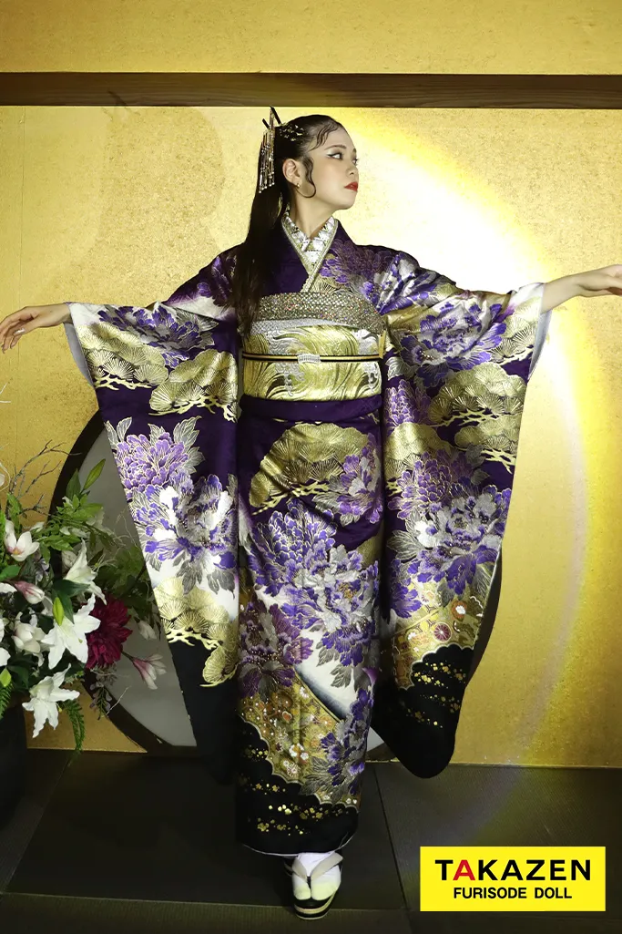 ジャパンモード 紫/黒/金(ゴールド) 松柄/牡丹柄 花魁風 渋い キラキラ