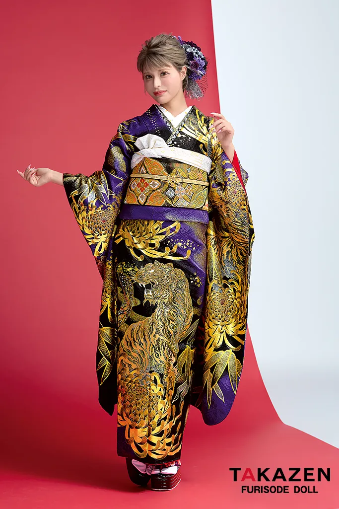ジャパンモード 紫/ゴールド(金色) 本家虎柄 一番目立つ ギャル振袖 ド