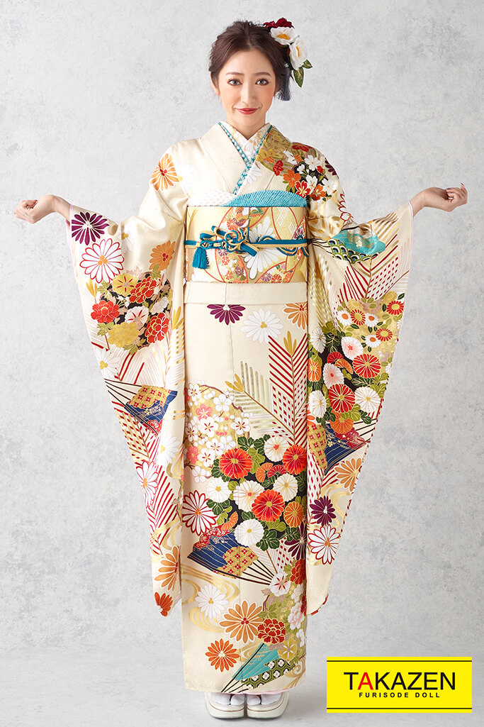 正統派古典 オフカラー/クリーム/オレンジ 牡丹柄 大人っぽい古典振袖