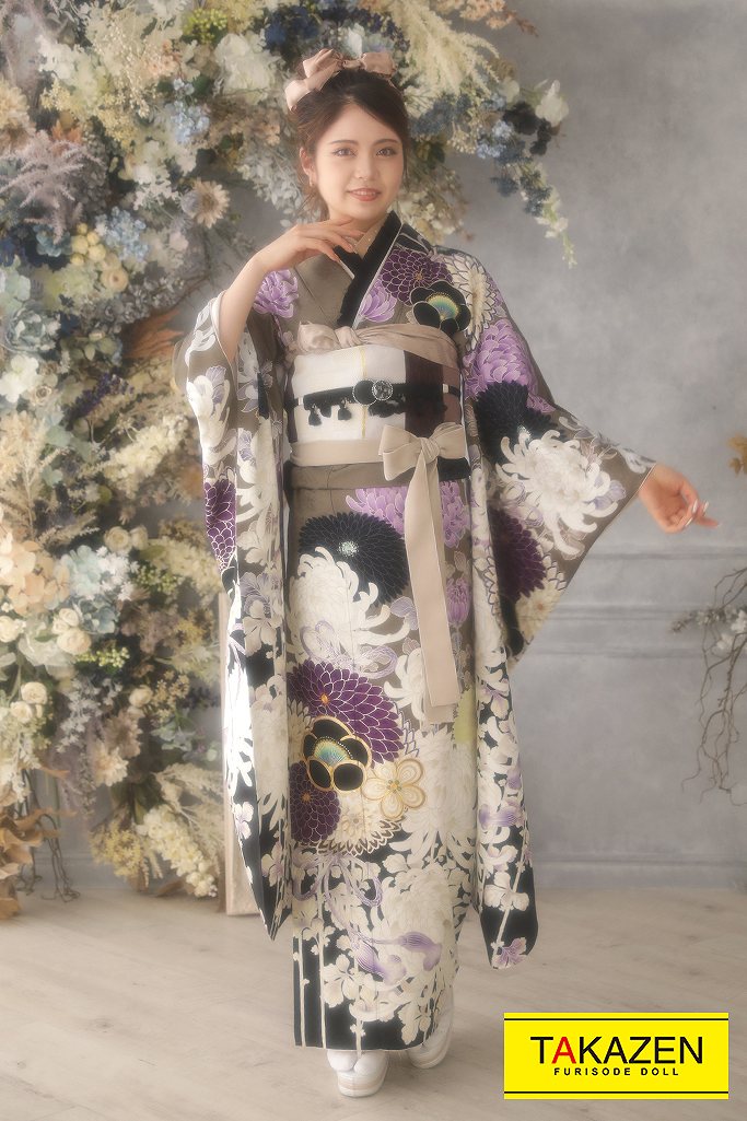 ヴィンテージスタイル チャコールグレー/紫 乱菊柄 くすみ古典 大人