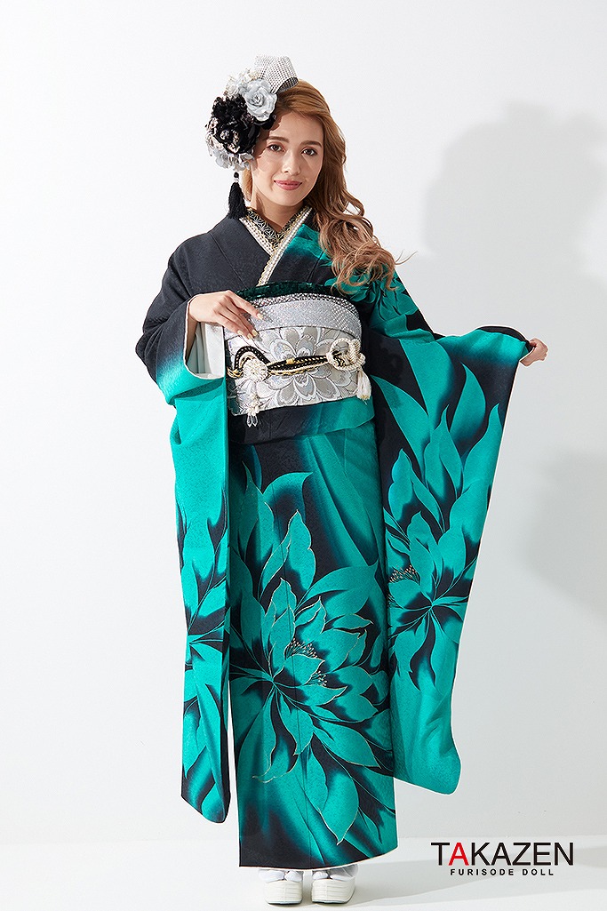 格安クール系 黒/緑 蓮柄/スッキリ大柄 シンプル モード系振袖 大人っ