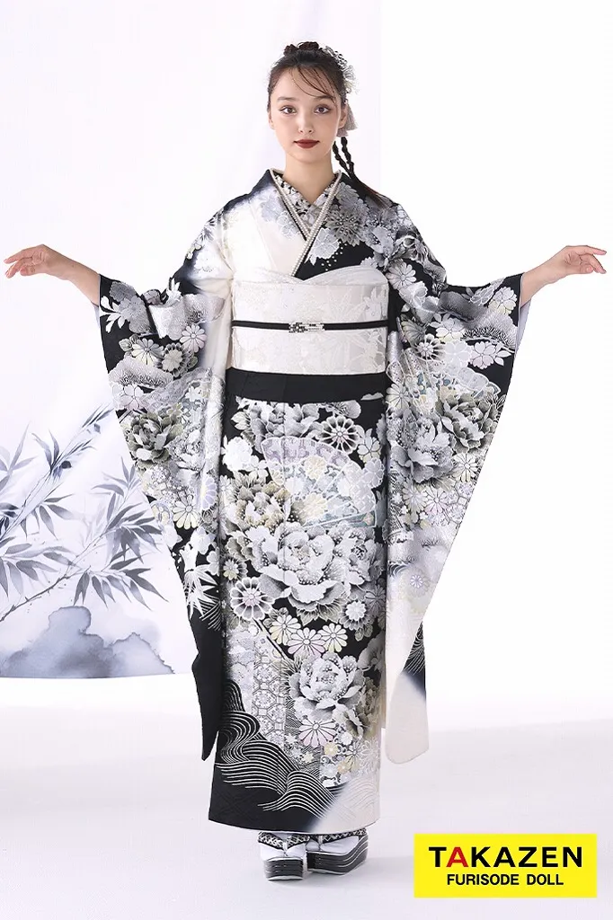 粋古典 シルバー/白黒 扇面柄/牡丹柄 最高級金彩刺繍友禅 かっこいい