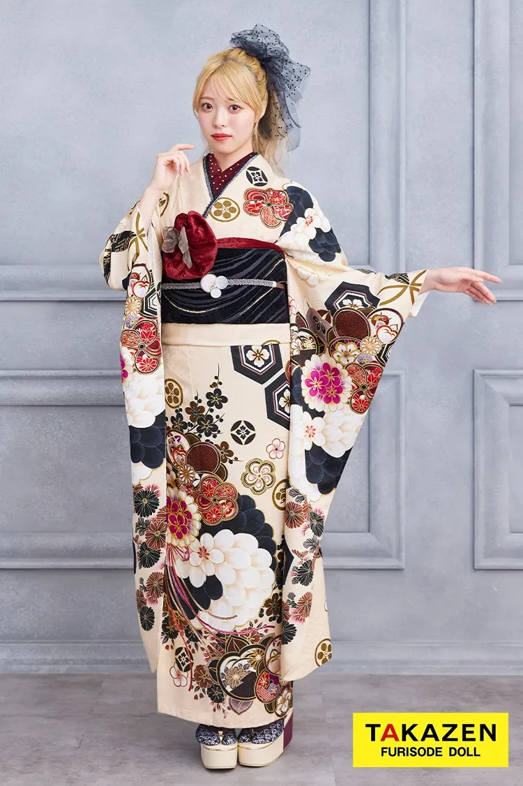 格安モード 白/黒/モノトーン 睡蓮柄/大柄 シンプル クール系振袖