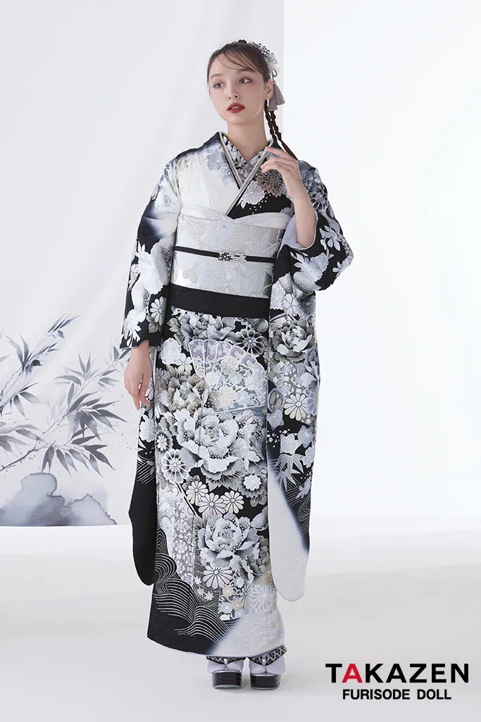 粋古典 シルバー/白黒 扇面柄/牡丹柄 最高級金彩刺繍友禅 かっこいい