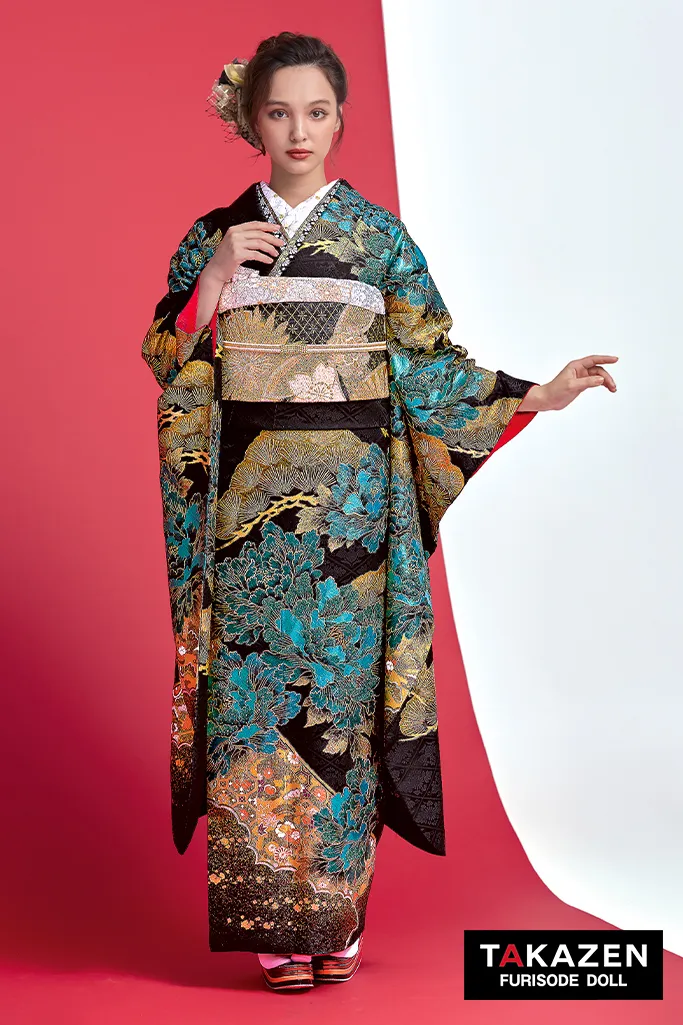 ジャパンモード 黒/金/緑 牡丹柄/和柄 渋い いかつい 豪華振袖