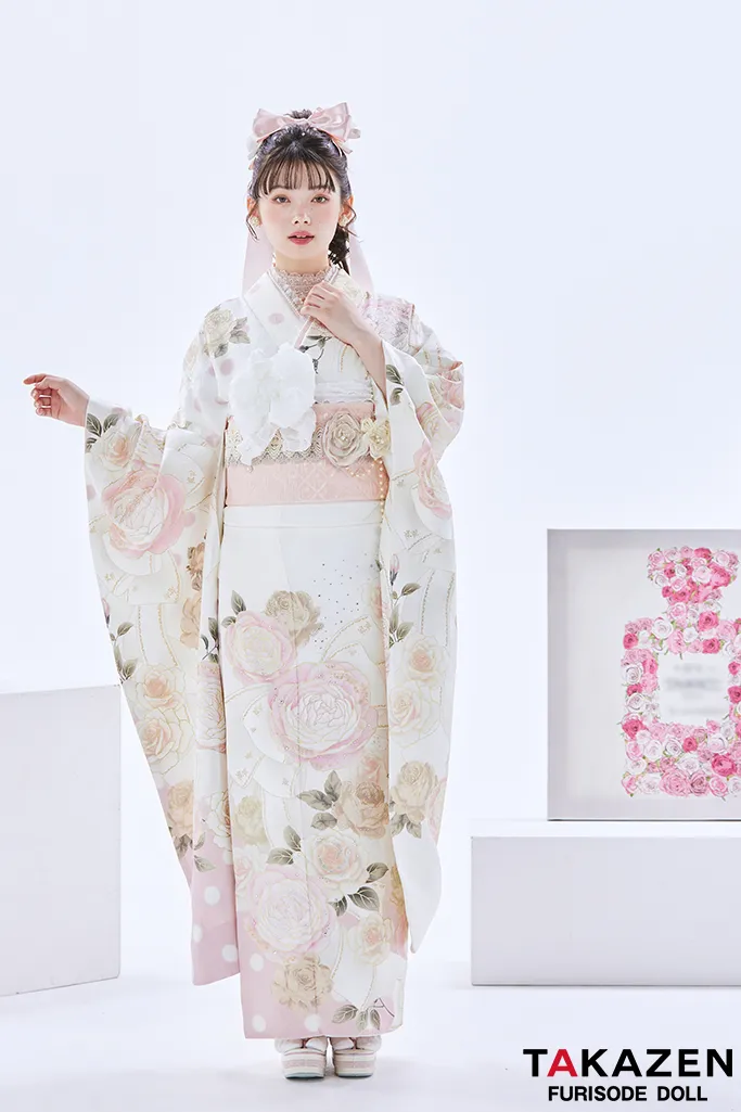 ヘップバーンシャネルカラー 白/ピンク/淡い色 バラ/リボン柄 かわいい