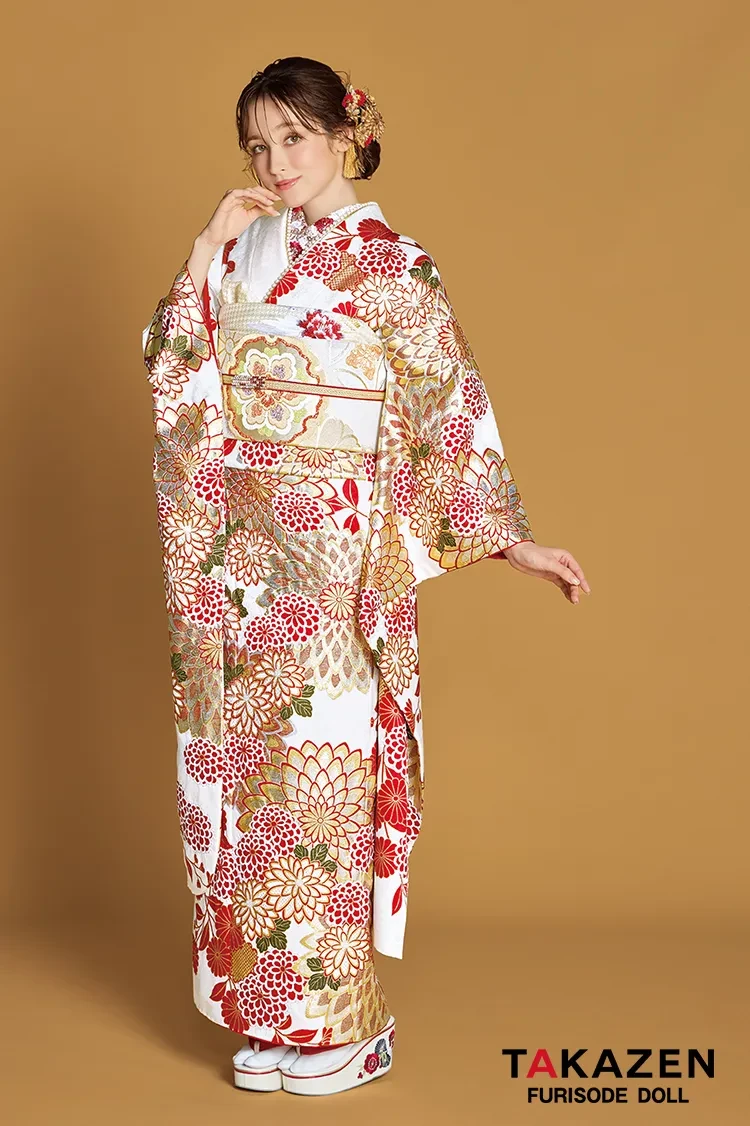 最高級古典柄振袖 滝泰/最高級金彩刺繍絞り友禅 白/金/赤 菊柄 上品な