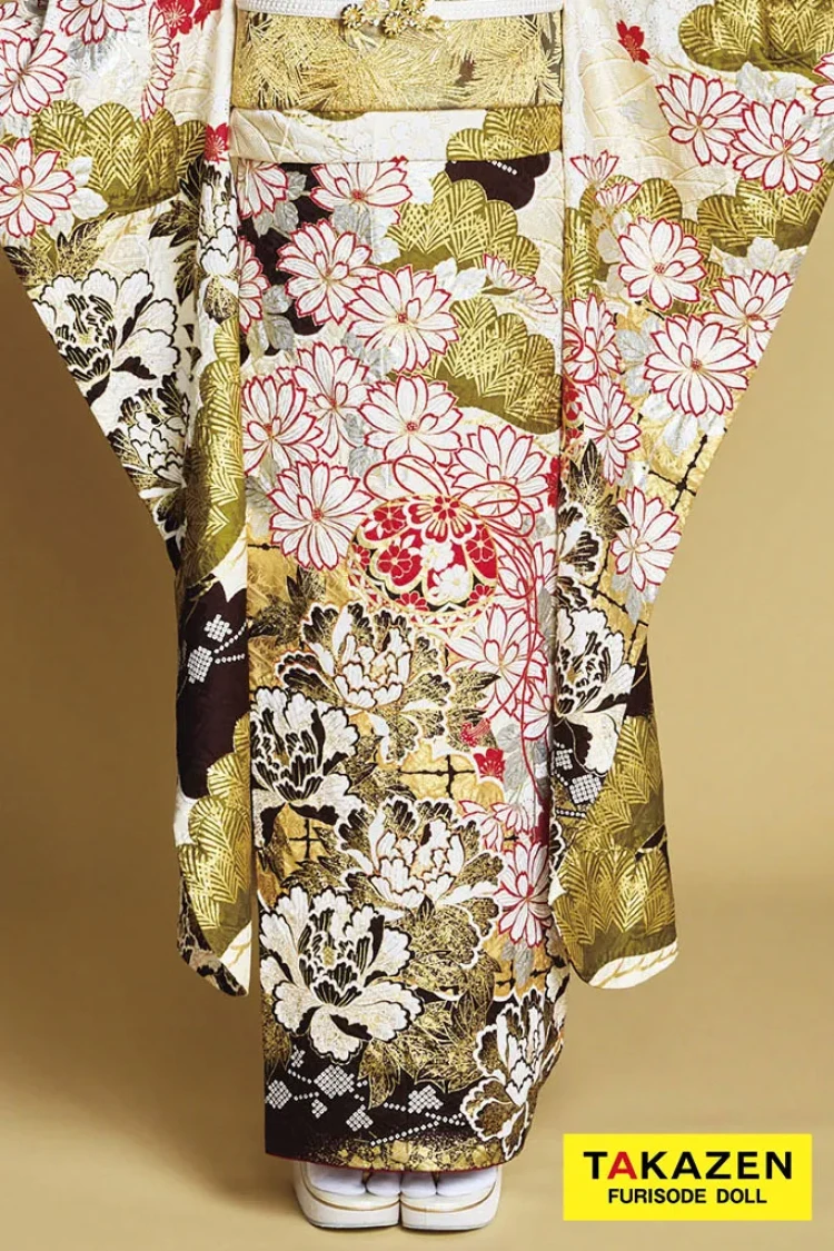 最高級古典柄振袖 滝泰/最高級金彩刺繍絞り友禅 白/金/茶 鞠柄/牡丹柄