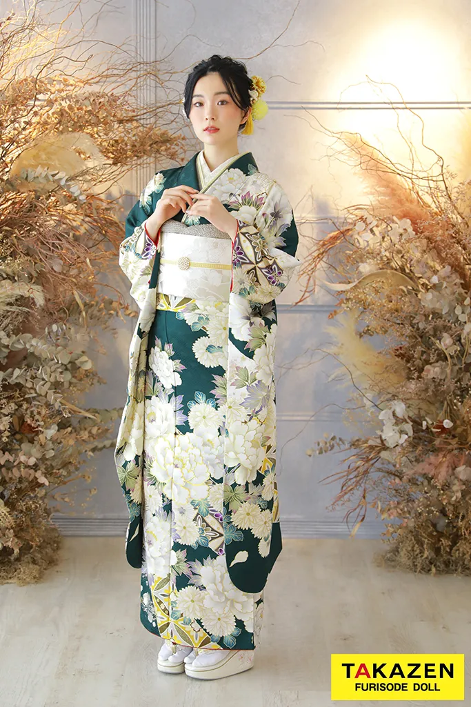 正統派古典 グリーン/白 牡丹柄/和柄 豪華 伝統的 大人っぽい【通販可