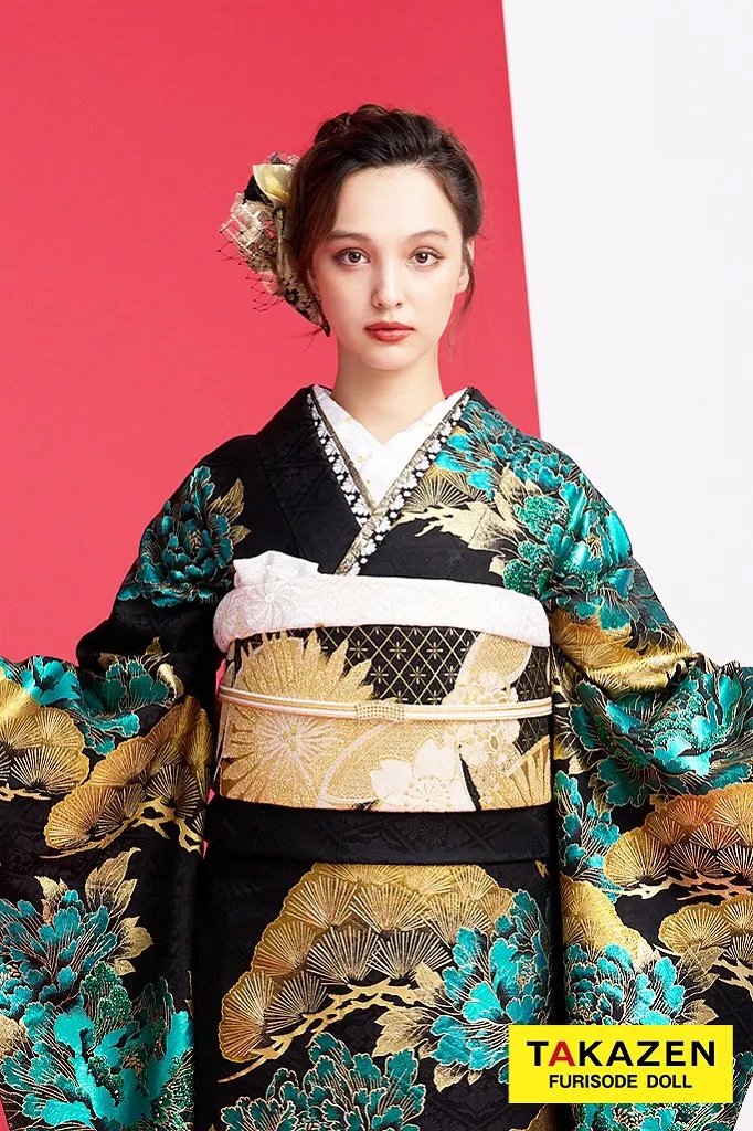 ジャパンモード 黒/金/緑 牡丹柄/和柄 渋い いかつい 豪華振袖