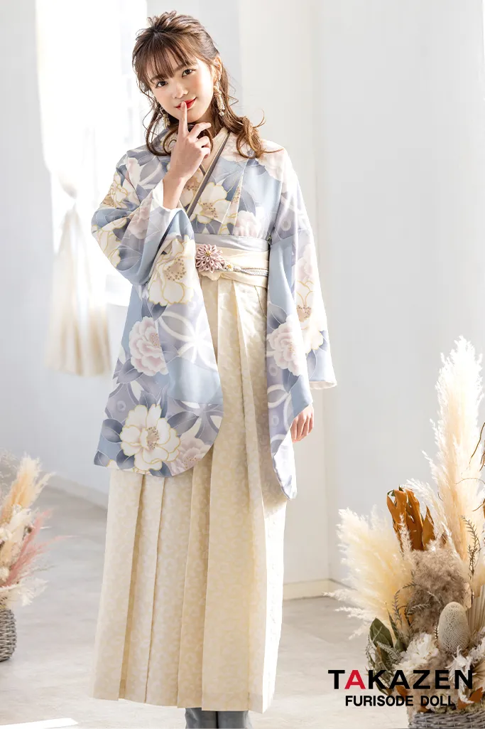 くすみカラー古典 水色/くすみブルー 牡丹柄 清楚 透明感のある