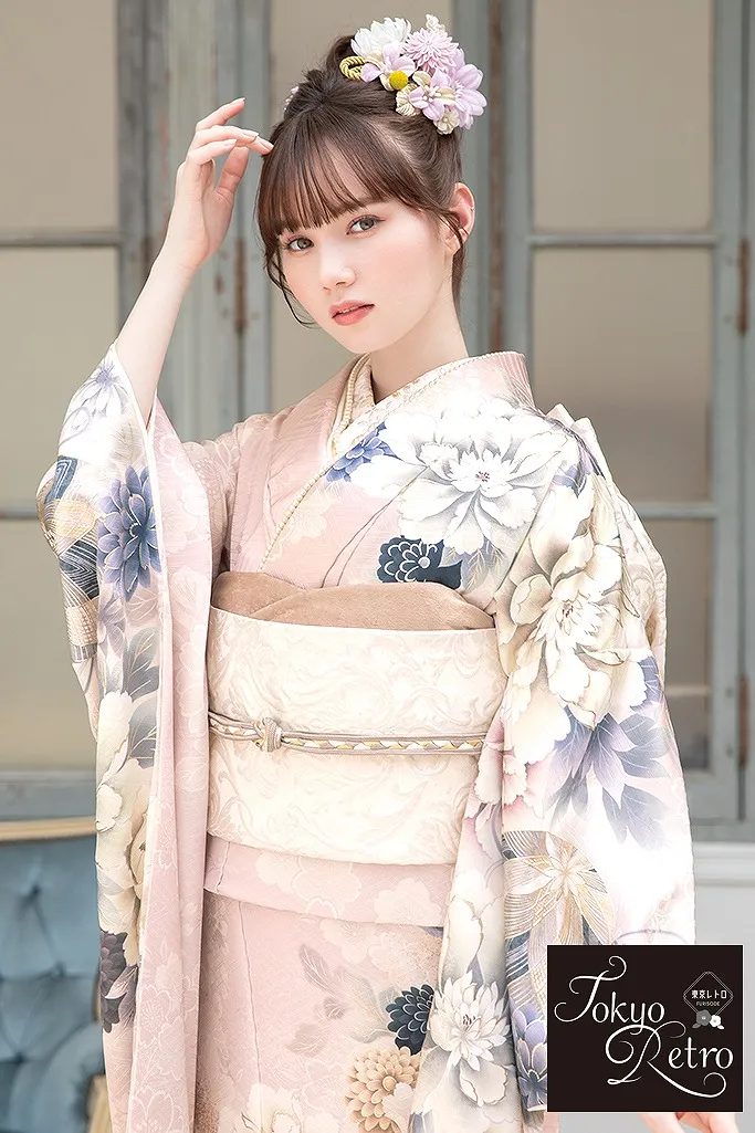 東京レトロ くすみピンク/淡い色 牡丹柄 くすみカラー古典 かわいい