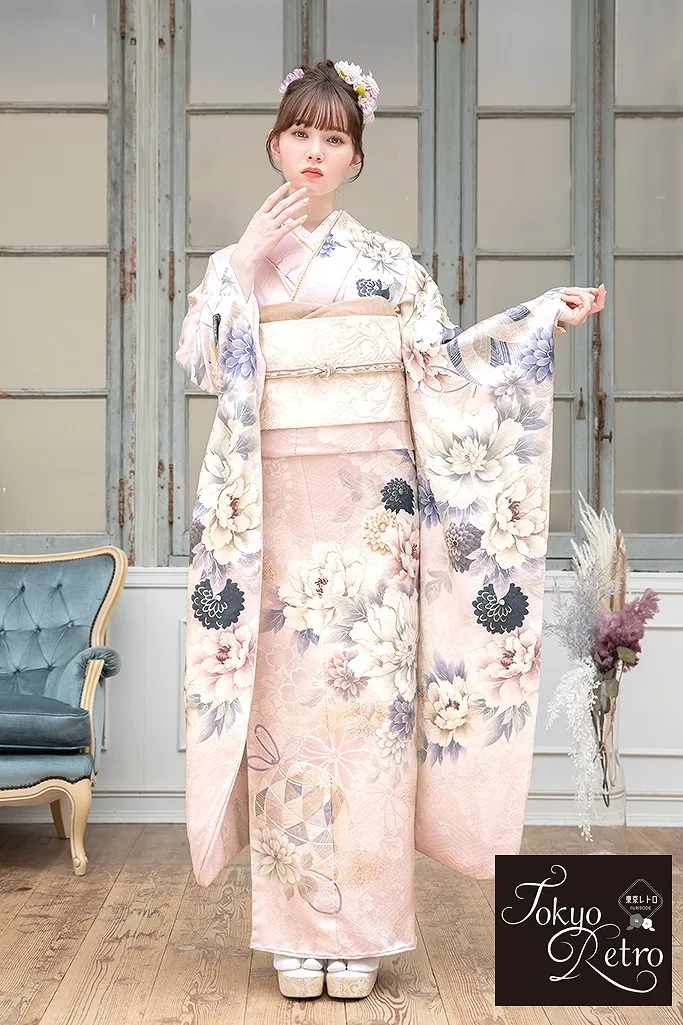 東京レトロ くすみピンク/淡い色 牡丹柄 くすみカラー古典 かわいい