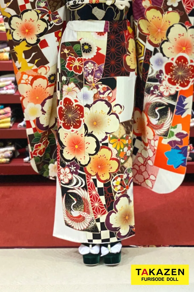 安い！レトロ古典 白/赤 桜柄/市松模様 華やか カラフル プチプラ振袖