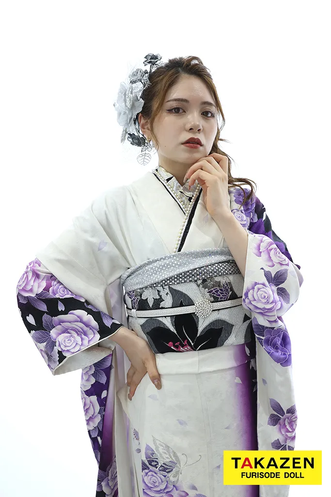 激安モード 白/紫 薔薇柄 シンプル かっこいい ギャル振袖 クール系