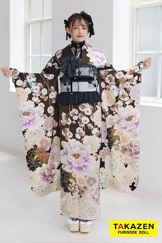 九重×中村里砂ブランド振袖 ブラウン/茶色 牡丹柄/大柄 ダスティー