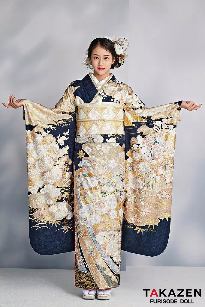 最高級古典柄振袖 関芳/最高級金彩刺繍絞り友禅 白/ボルドー 藤/桜/菊