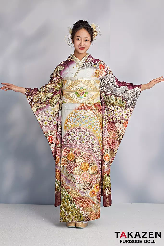 最高級古典柄振袖 関芳/最高級金彩刺繍絞り友禅 白/ボルドー 藤/桜/菊