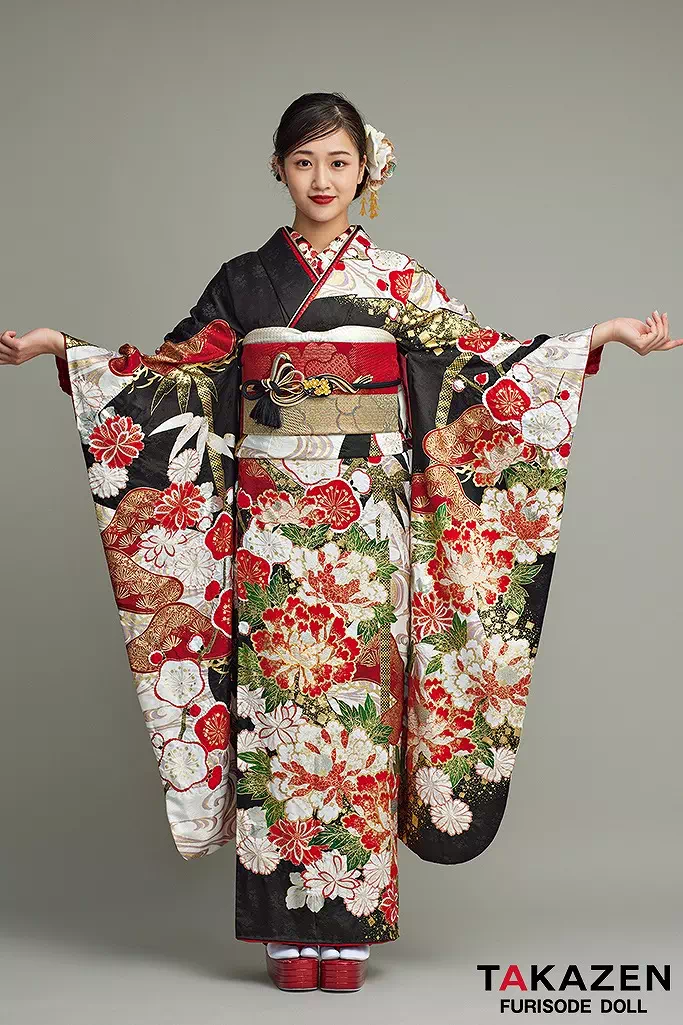 最高級古典柄振袖 滝泰/最高級金彩刺繍絞り友禅 黒/白/赤 牡丹柄