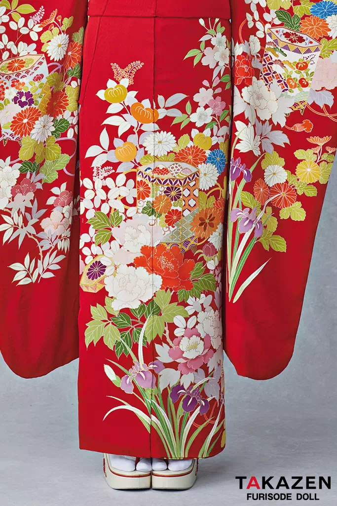 最高級古典柄振袖 千總/最高級金彩刺繍手描京友禅 赤 貝桶柄 上品 綺麗