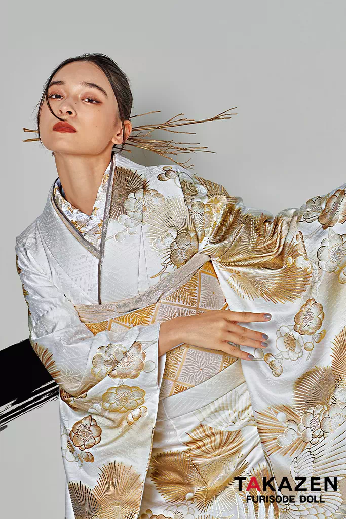 粋古典 白/金/ゴールド 鶴柄/針松 シック かっこいい 大人っぽい 金彩