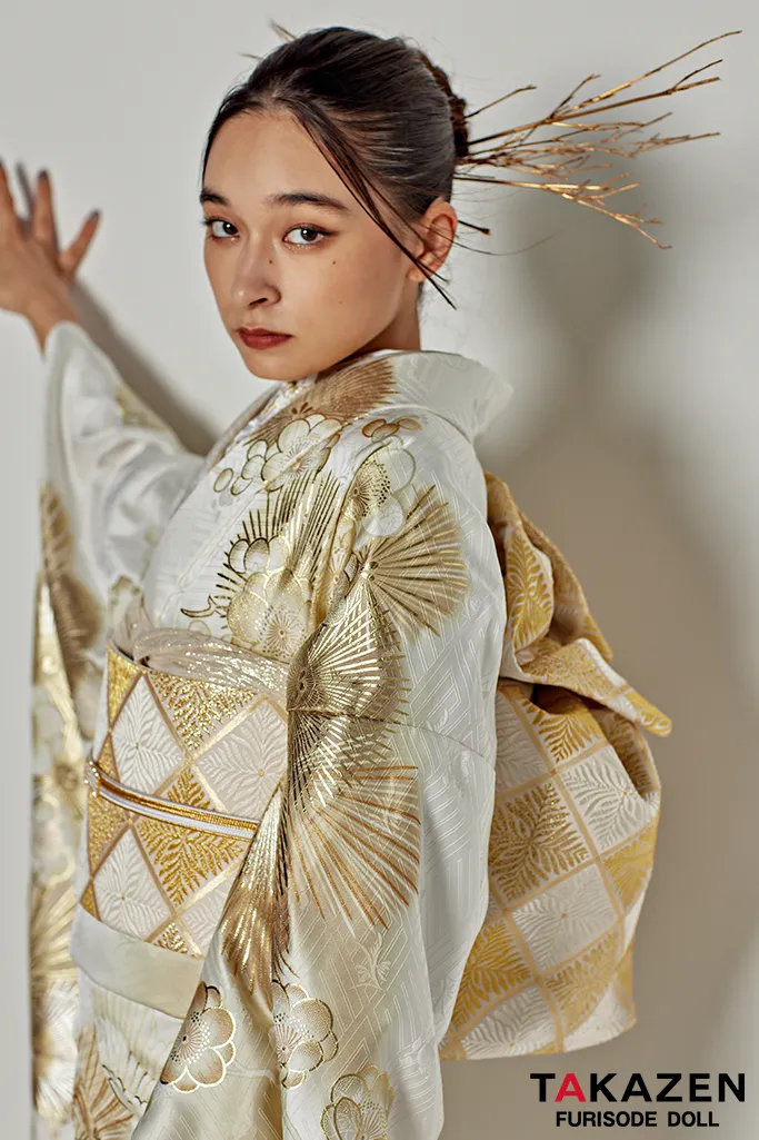 粋古典 白/金/ゴールド 鶴柄/針松 シック かっこいい 大人っぽい 金彩