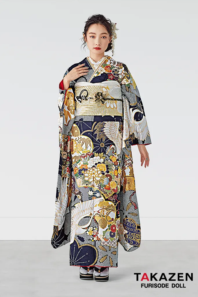 正統派古典 紺/金/ネイビー 鶴柄/絞り模様 大人っぽい 豪華 柄多め