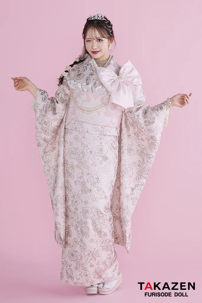 ヘップバーンシュシュ ピンク バラ柄 グリッター キラキラ振袖 リボン