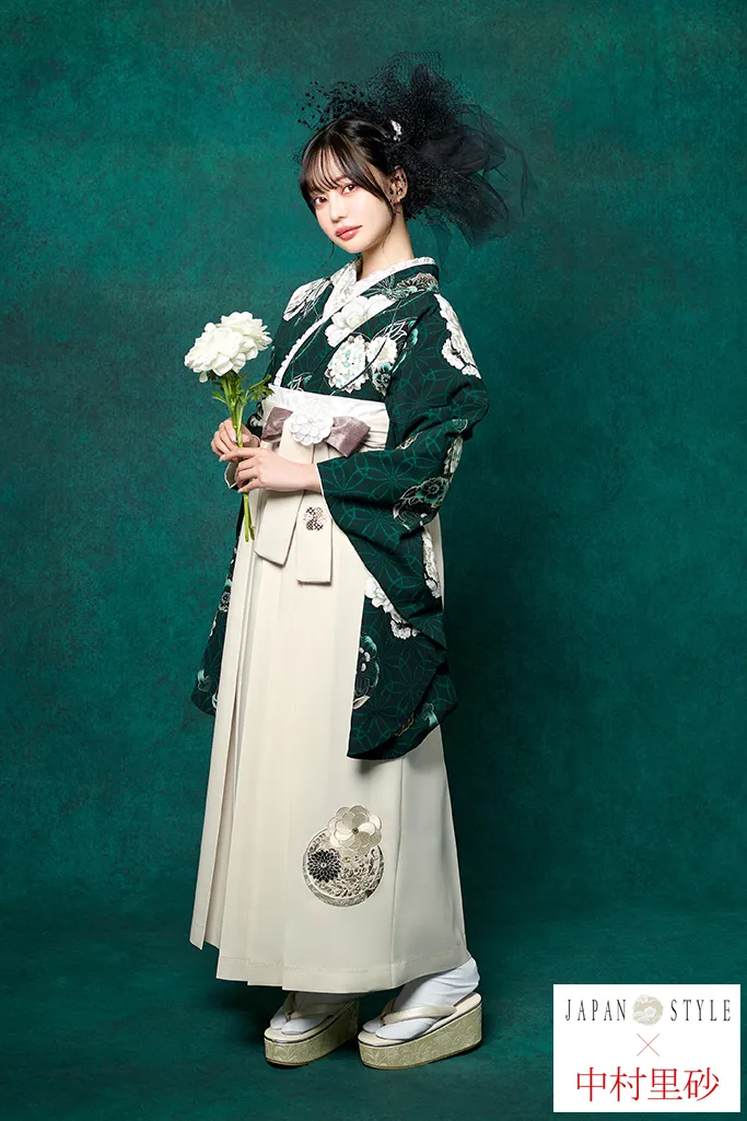 JAPANSTYLE×中村里砂ブランド袴 ヴィンテージスタイル 緑 桜 和柄