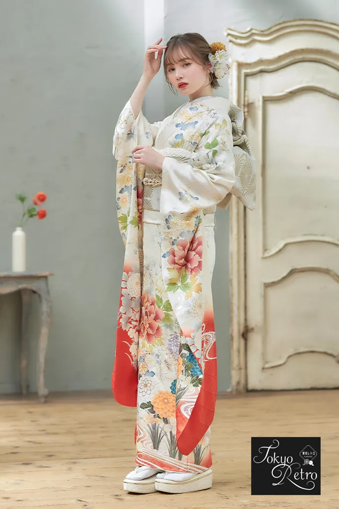 東京レトロ 白/朱色 牡丹柄 白ベース 和柄 はんなり 上品 正統派古典