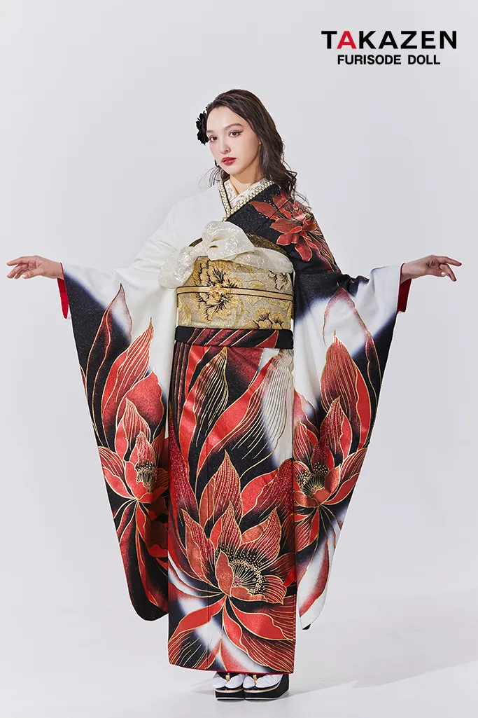 モード系 赤/白/黒 大柄/牡丹柄 かっこいい セクシー キラキラ振袖