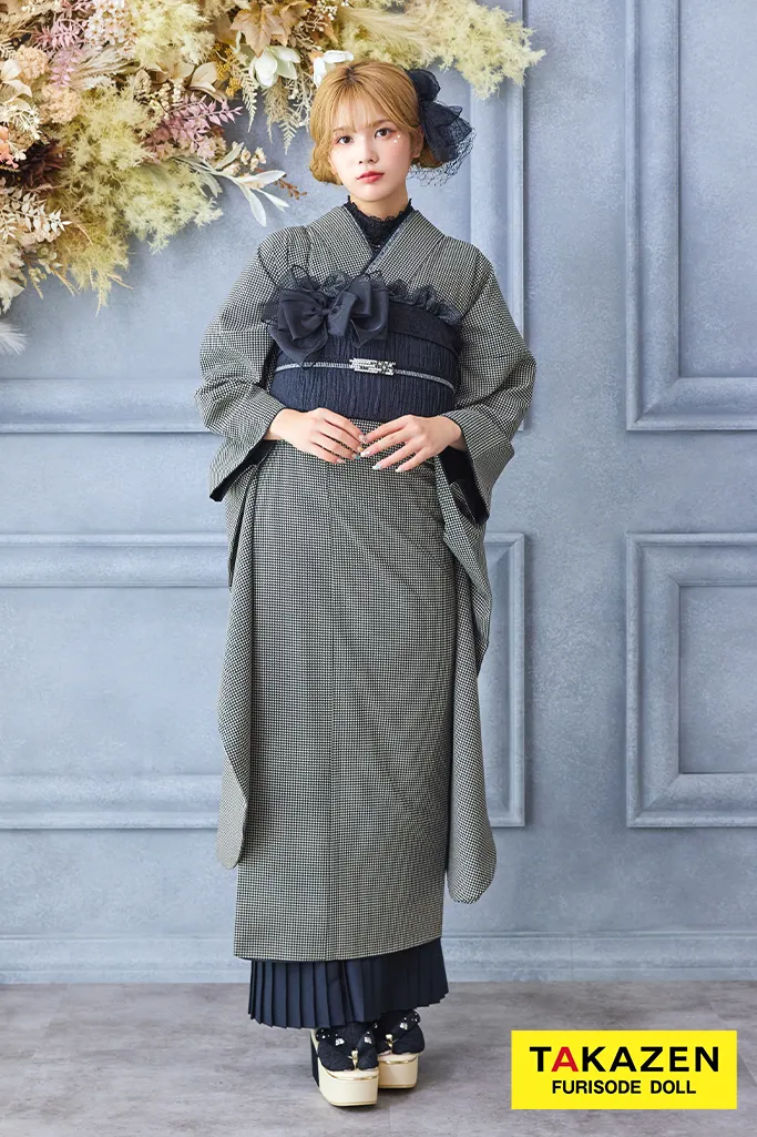 アンティーク調レトロ グレー/モノトーン チェック柄/千鳥柄 お洒落