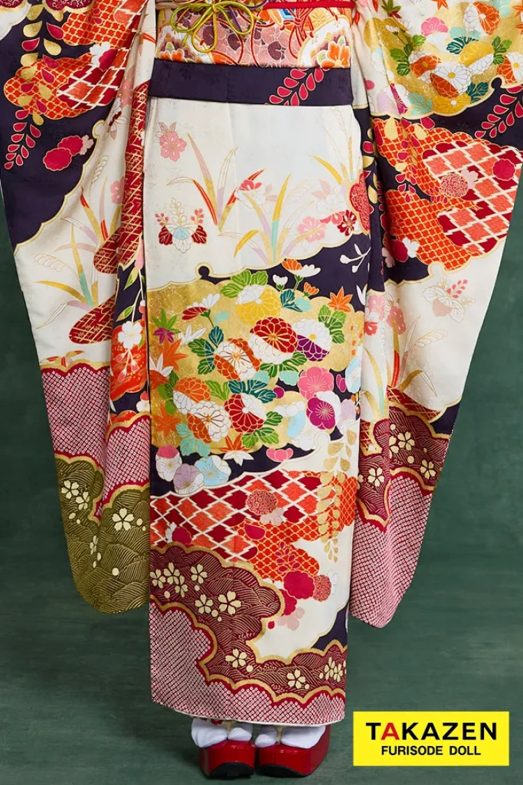 高級古典振袖 青柳/最高級絞り手描友禅 白/紺/赤 柄小さめ 高級古典