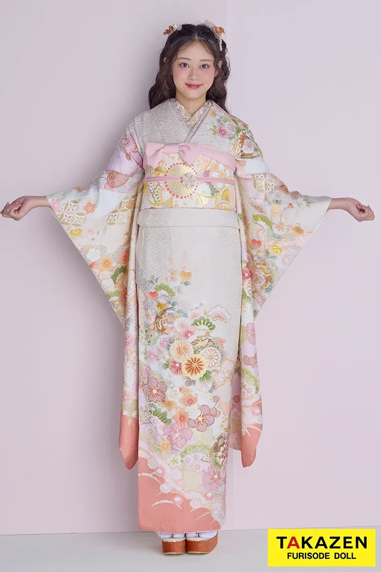 くすみカラー古典 サーモンピンク/ピンクベージュ 菊柄/梅柄 かわいい