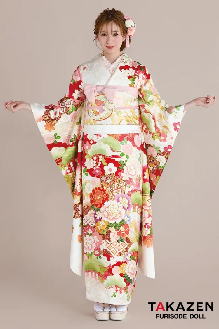 正統派古典 白/赤 御所車柄/牡丹柄 吉澤織物/最高級金彩手描友禅 お