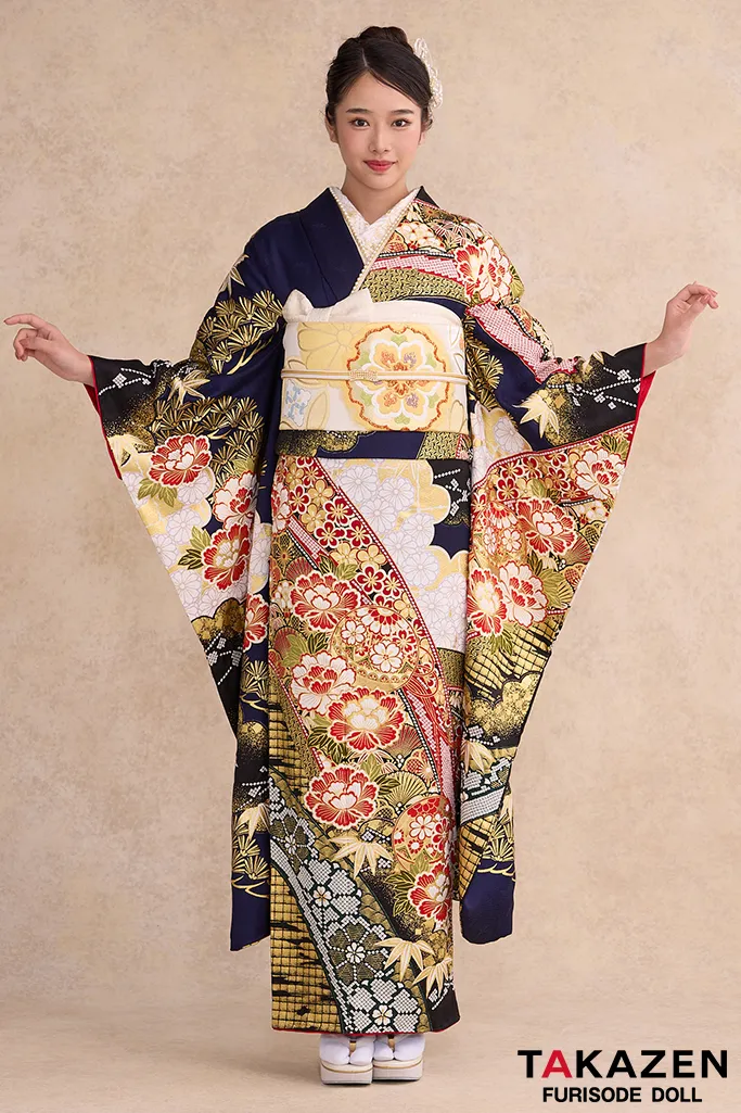 最高級古典柄振袖 滝泰/最高級金彩刺繍絞り友禅 紺色/ネイビー 牡丹柄