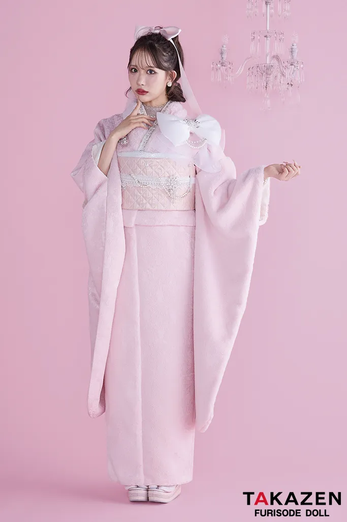 ヘップバーンシュシュ ピンク ファー/ジャガード生地 リボン・キラキラ