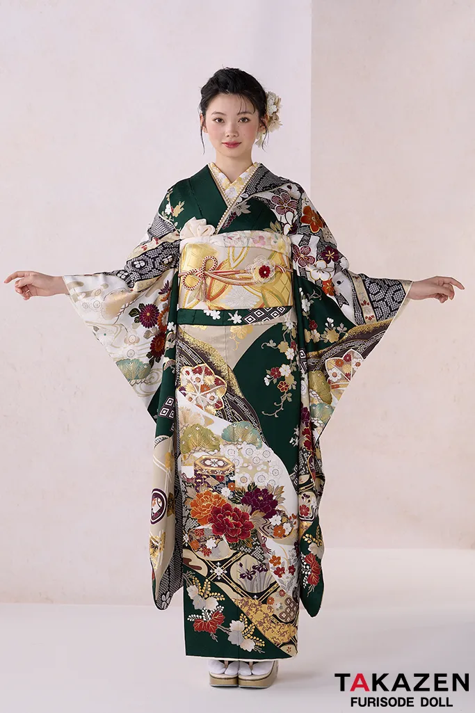 正統派古典 緑 牡丹柄/貝桶柄 金彩金駒刺繍京友禅 おしとやか 綺麗