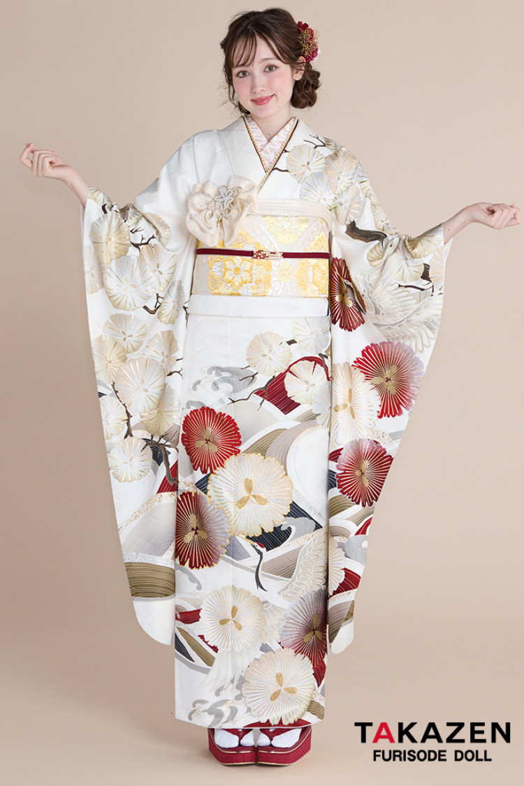 正統派古典 白地/赤 鶴柄/波模様 清楚 おめでたい きれい 大人っぽい