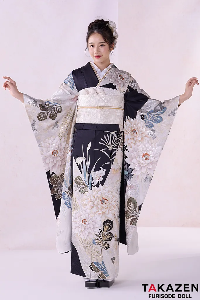 正統派古典 白地/赤 菊柄/百合柄 かっこいい 大人っぽい振袖 上品 天翔