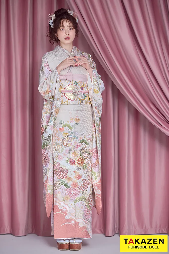 くすみカラー古典 サーモンピンク/ピンクベージュ 菊柄/梅柄 かわいい