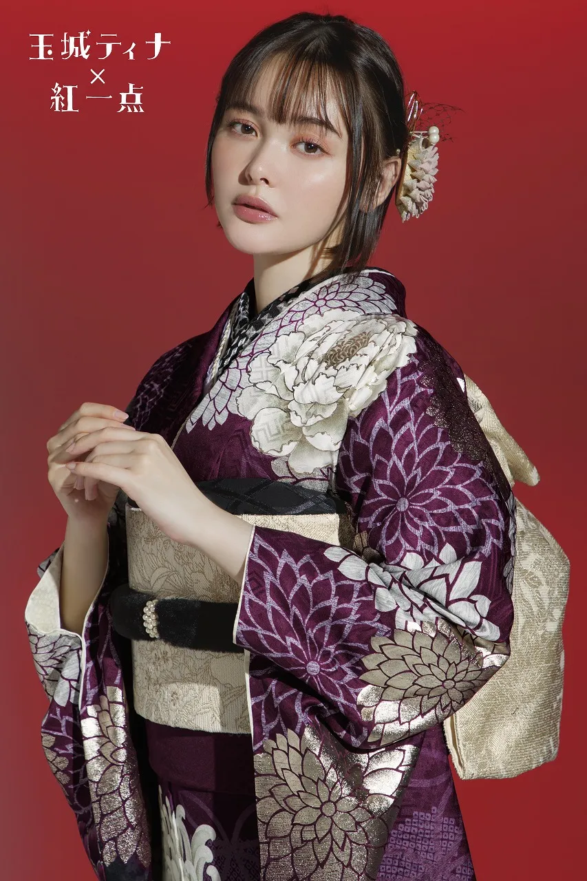 玉城ティナ×紅一点ブランド振袖 ワインレッド/紫 大柄/乱菊 豪華 大人