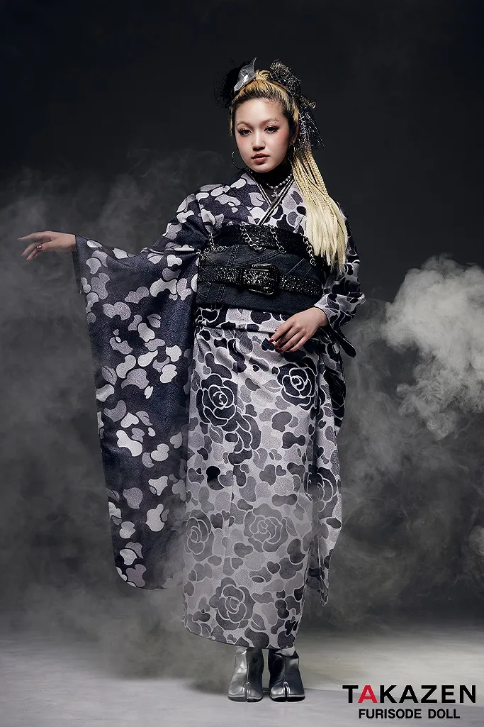 ストリートスタイル HIROCKコラボ振袖 モノトーン/黒/グレー 迷彩