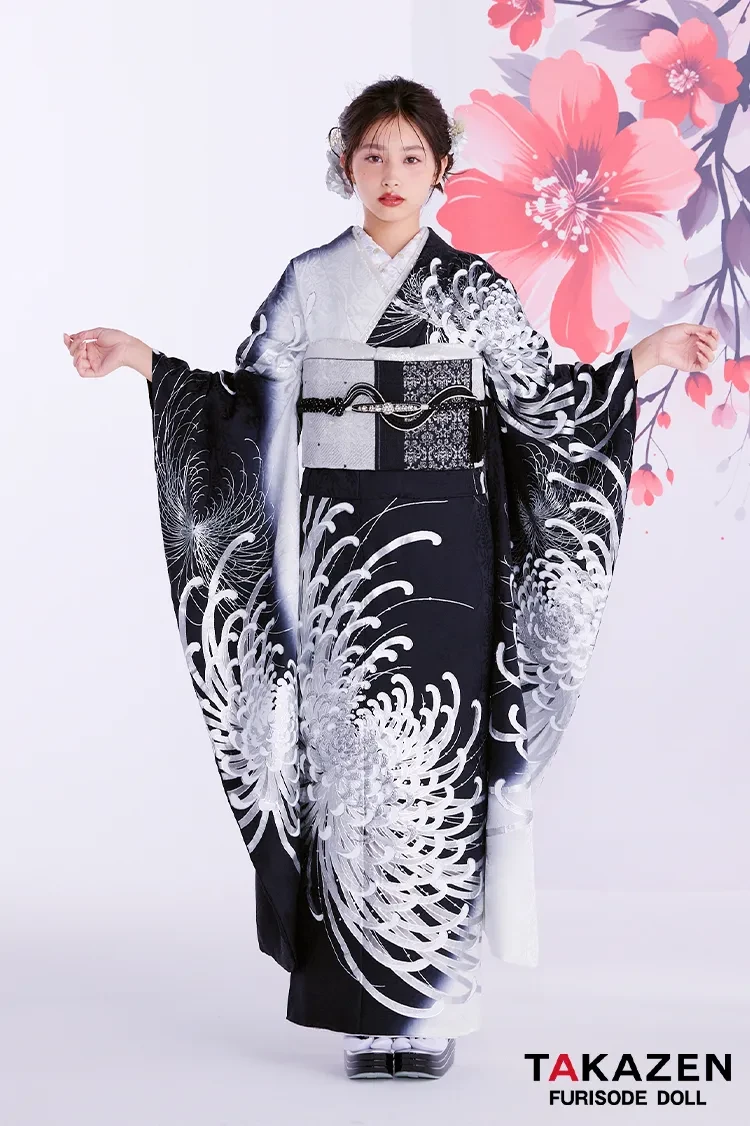 最新作粋古典 黒シルバー 乱菊柄/大柄 最高級金彩刺繍友禅 かっこいい