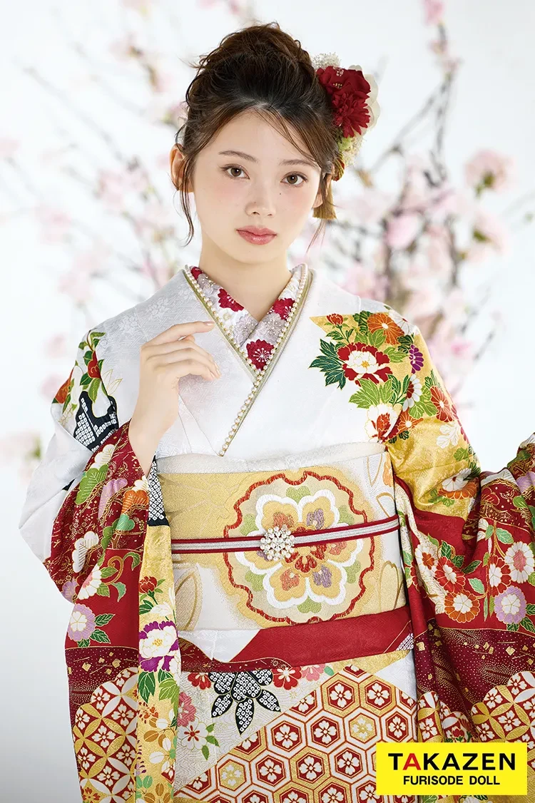 最新作プレミアム古典 白赤 菊柄 吉澤織物『逸品』最高級染繍桶絞り