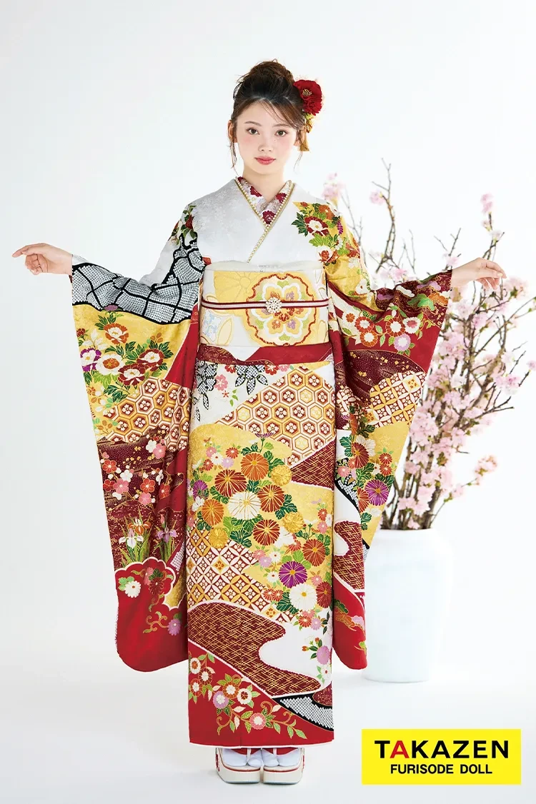 最新作プレミアム古典 白赤 菊柄 吉澤織物『逸品』最高級染繍桶絞り