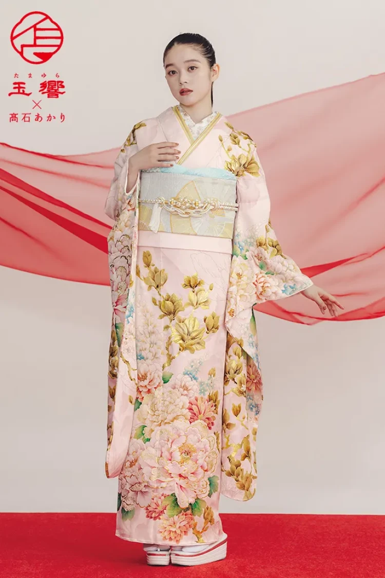 正統派古典 白/ピンク 御所車柄/牡丹柄 吉澤織物/最高級金彩手描友禅