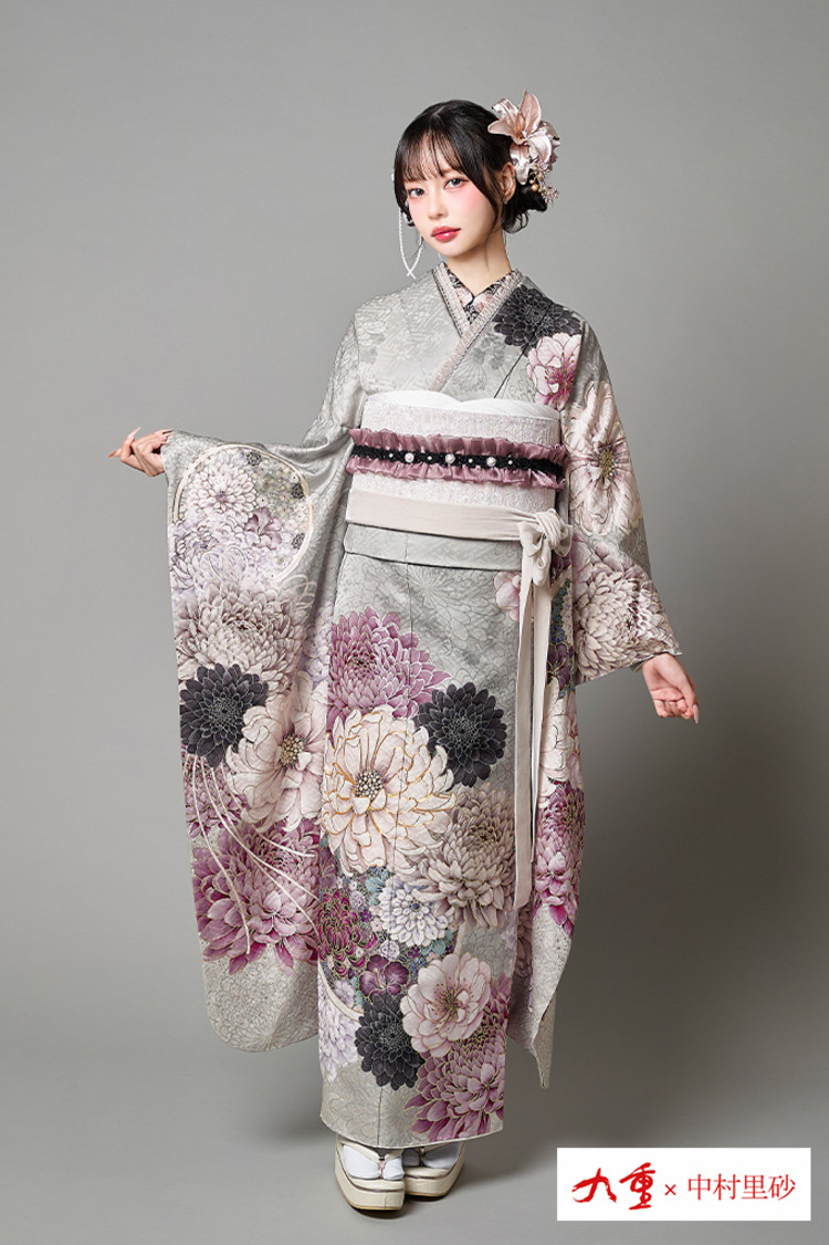 九重×中村里砂ブランド振袖 ライトグレー/ニュアンスカラー 牡丹柄