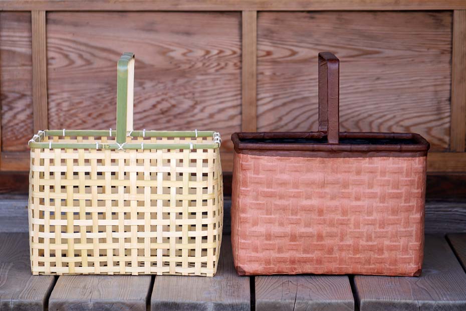 国産】一閑張り一本持ち手角手提げ籠良質の真竹を熟練職人が厳選し四ツ